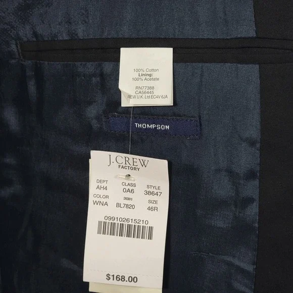 J.Crew THOMPSON Men's Sport Coat Blazer Two Button‎ Black cotton Size 46R NEW